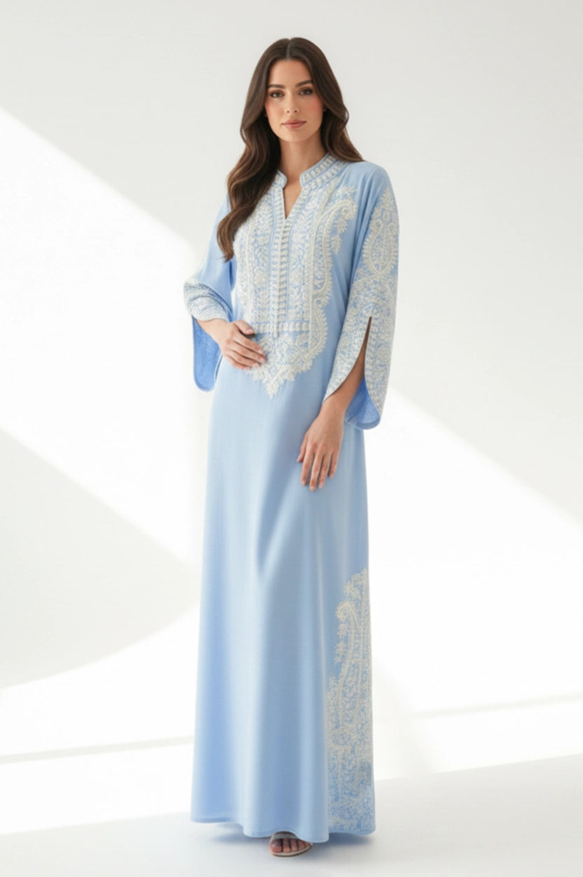Half Neck Cutout Sleeves Embroidered Jalabiya