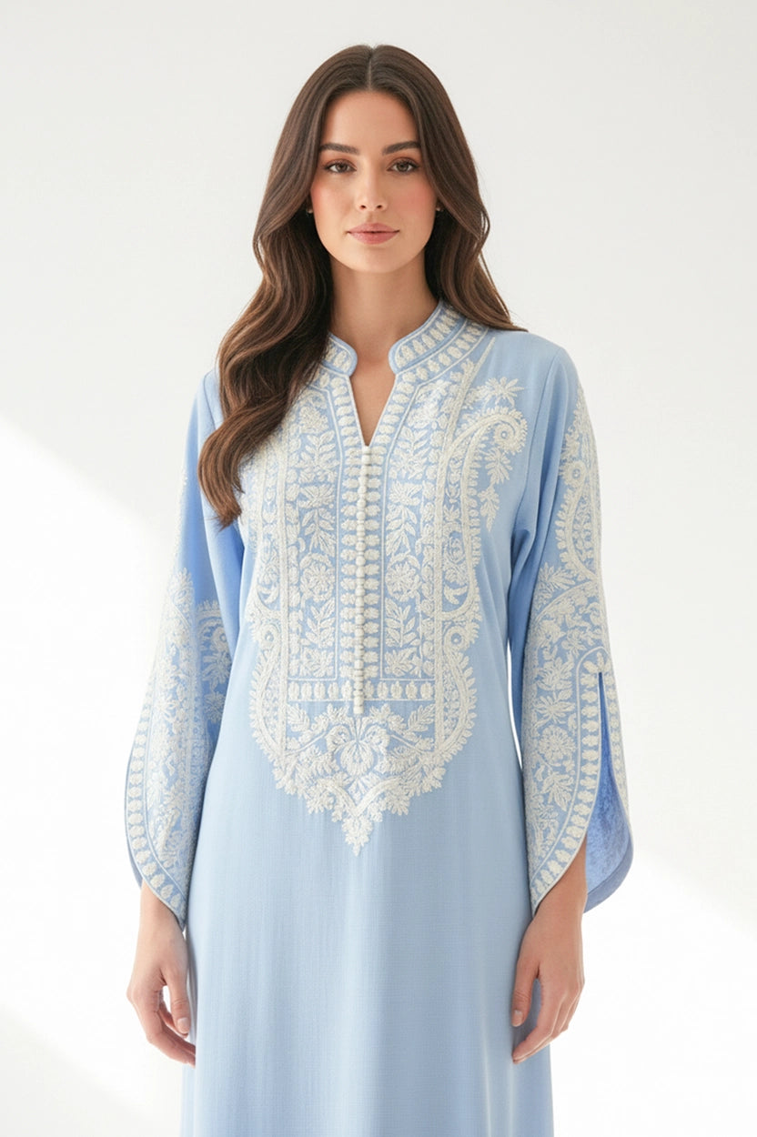 Half Neck Cutout Sleeves Embroidered Jalabiya