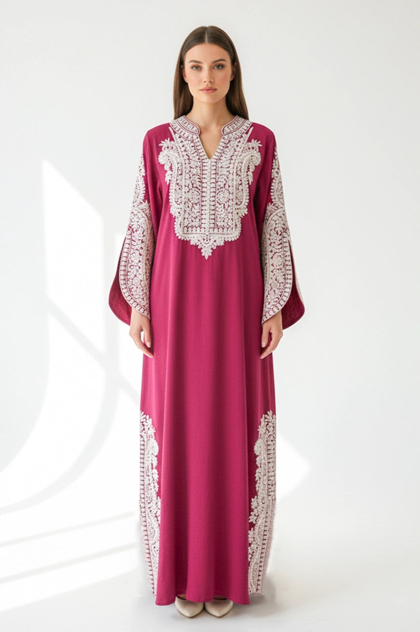 Half Neck Cutout Sleeves Embroidered Jalabiya