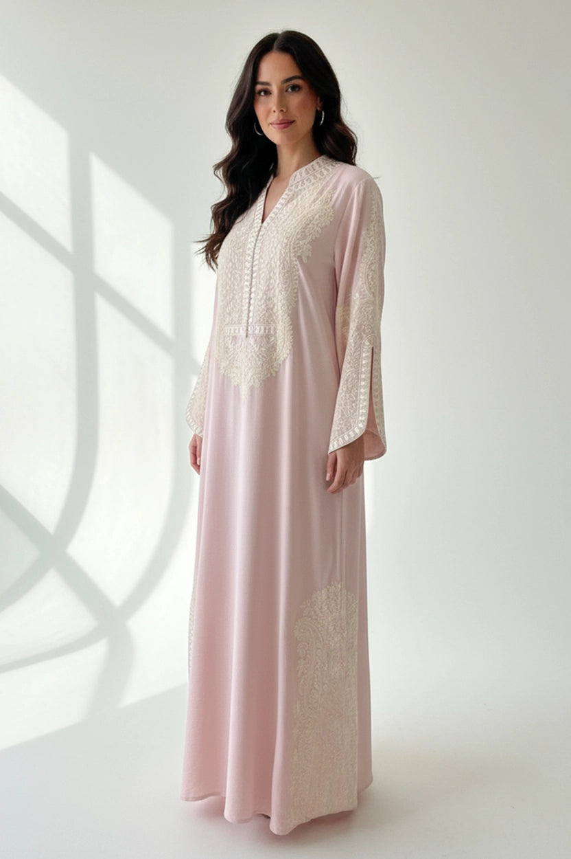 Half Neck Cutout Sleeves Embroidered Jalabiya