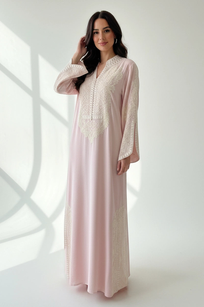 Half Neck Cutout Sleeves Embroidered Jalabiya
