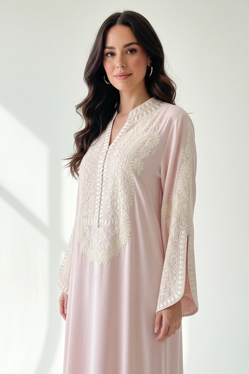 Half Neck Cutout Sleeves Embroidered Jalabiya