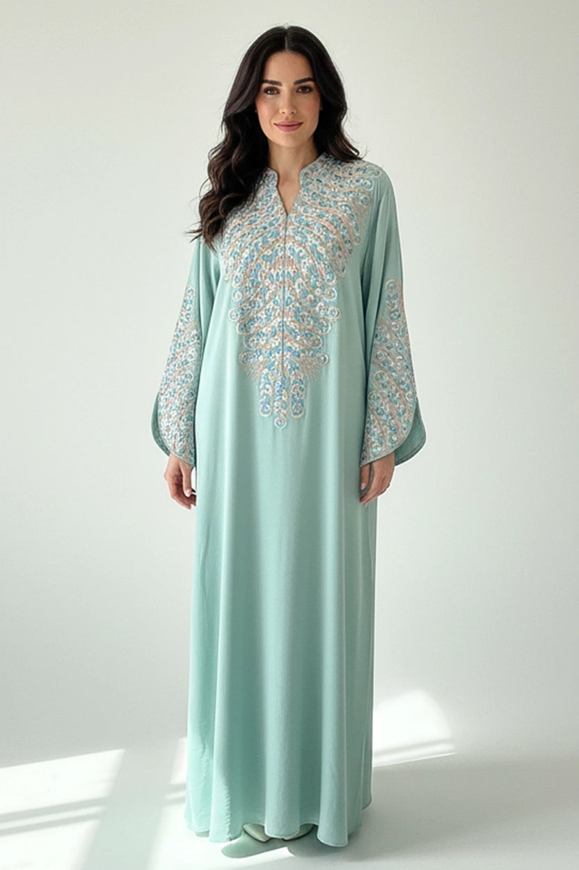Half Neck Flower Shape Embroidered Jalabiya