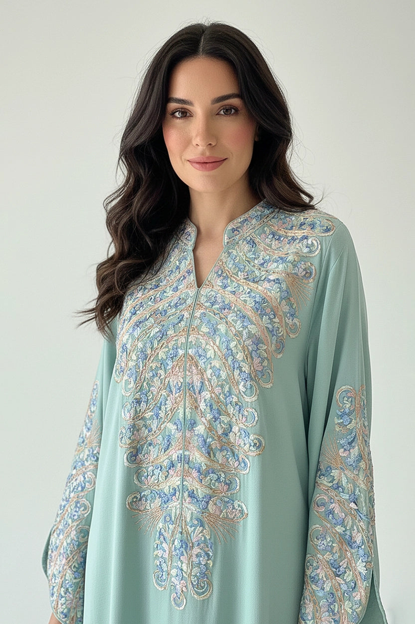 Half Neck Flower Shape Embroidered Jalabiya