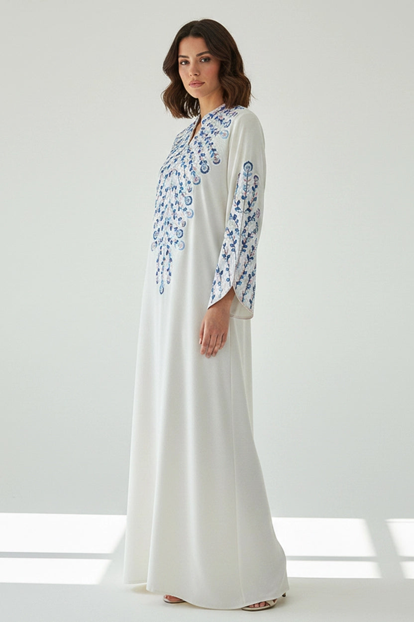 Half Neck Flower Shape Embroidered Jalabiya