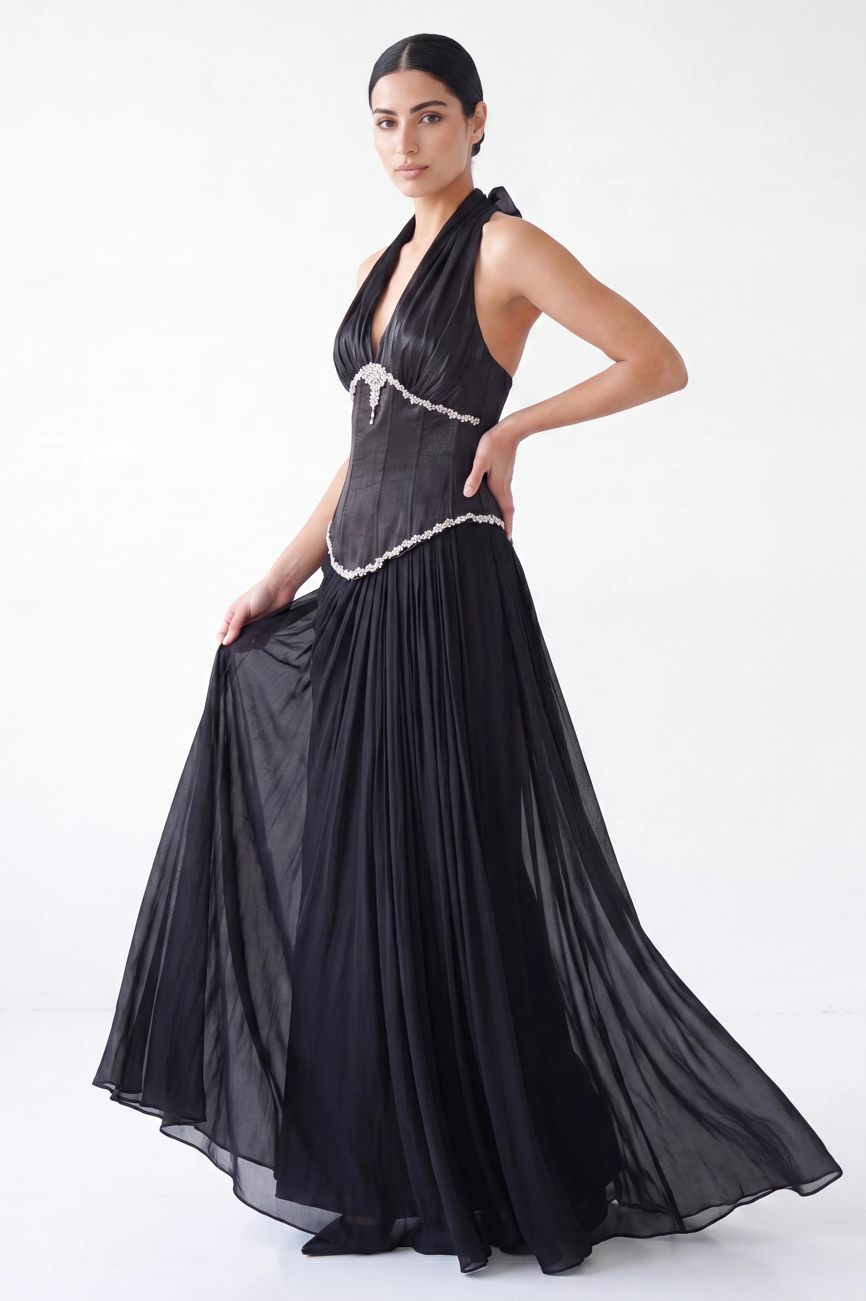 Halter Neck Crystal Laced Corset Organza Dress