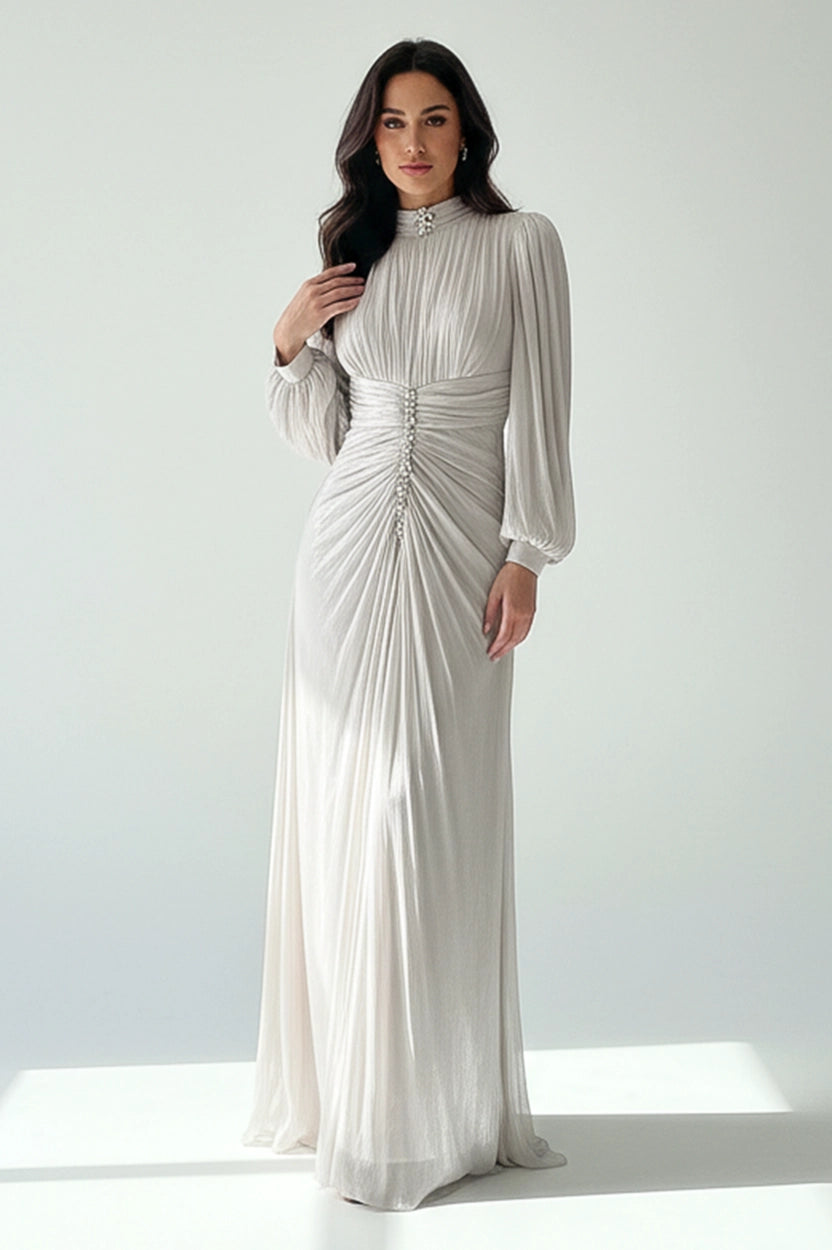 High-Neck Ruffled Waist Organza Dress