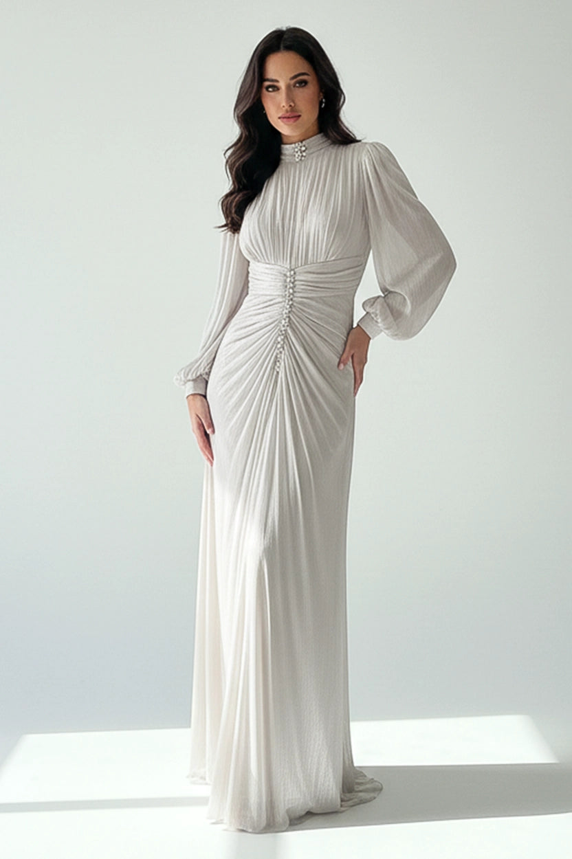 High-Neck Ruffled Waist Organza Dress