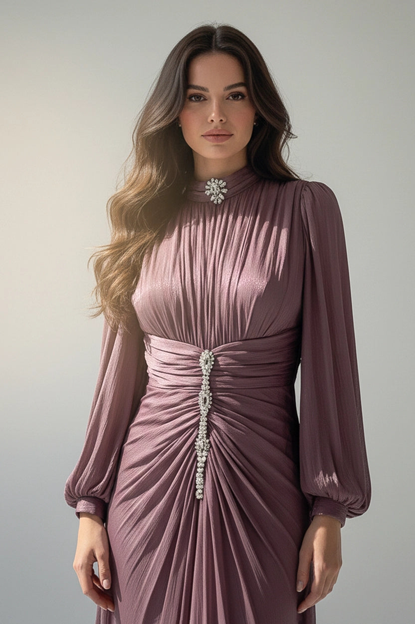 High-Neck Ruffled Waist Organza Dress