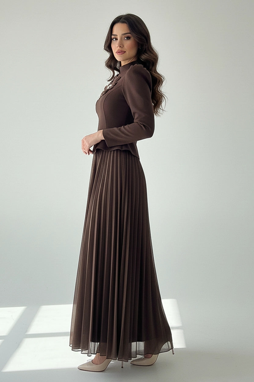 High Neck Crystal Flower Detail Crepe Organza