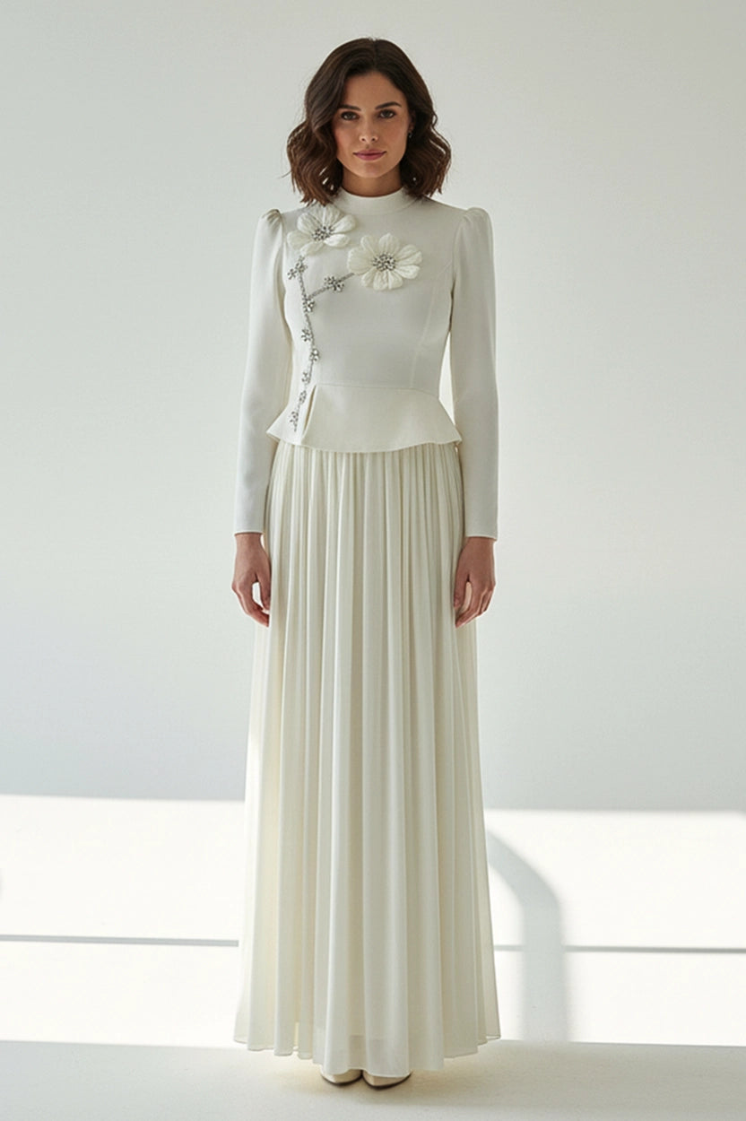 High Neck Crystal Flower Detail Crepe Organza