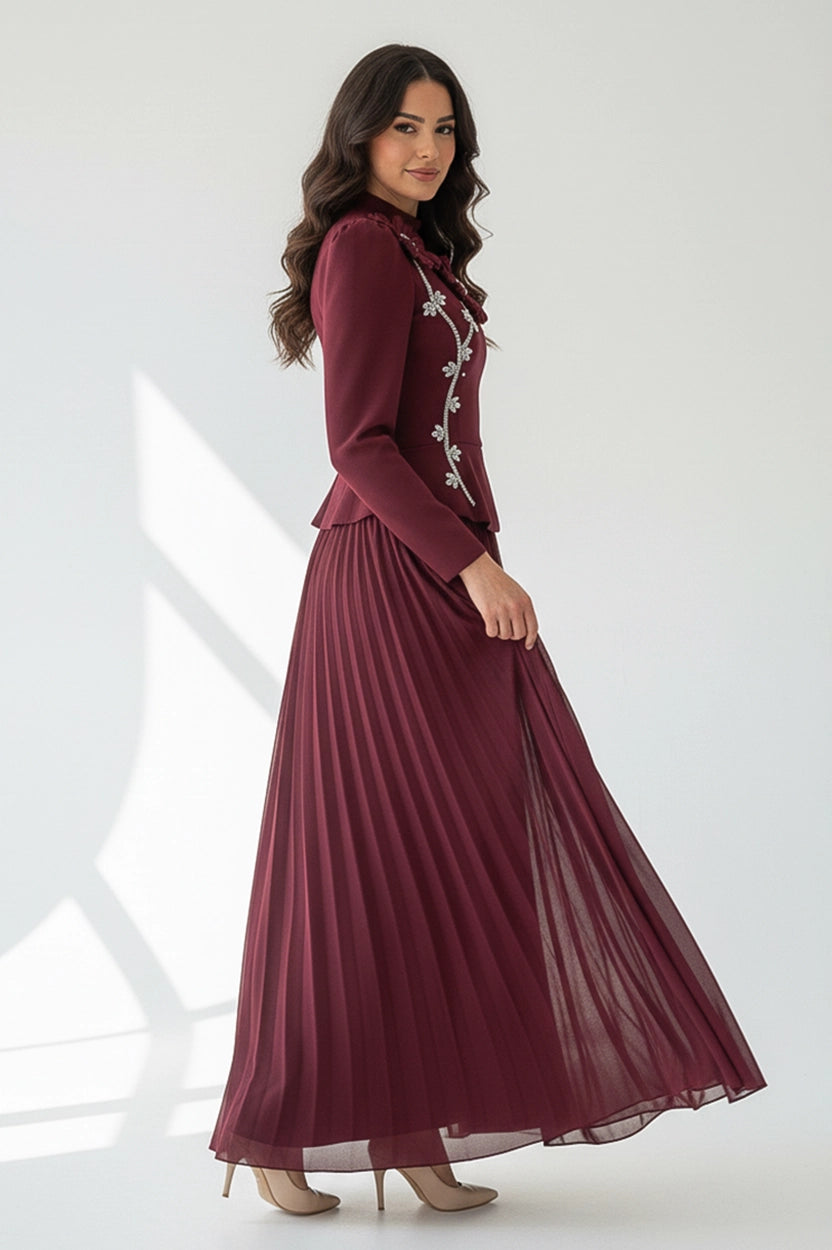 High Neck Crystal Flower Detail Crepe Organza