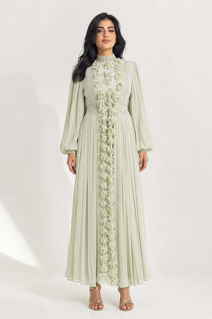 High Neck Flower Details Chiffon Dress