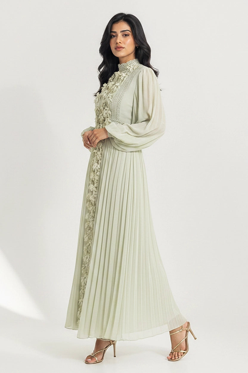 High Neck Flower Details Chiffon Dress