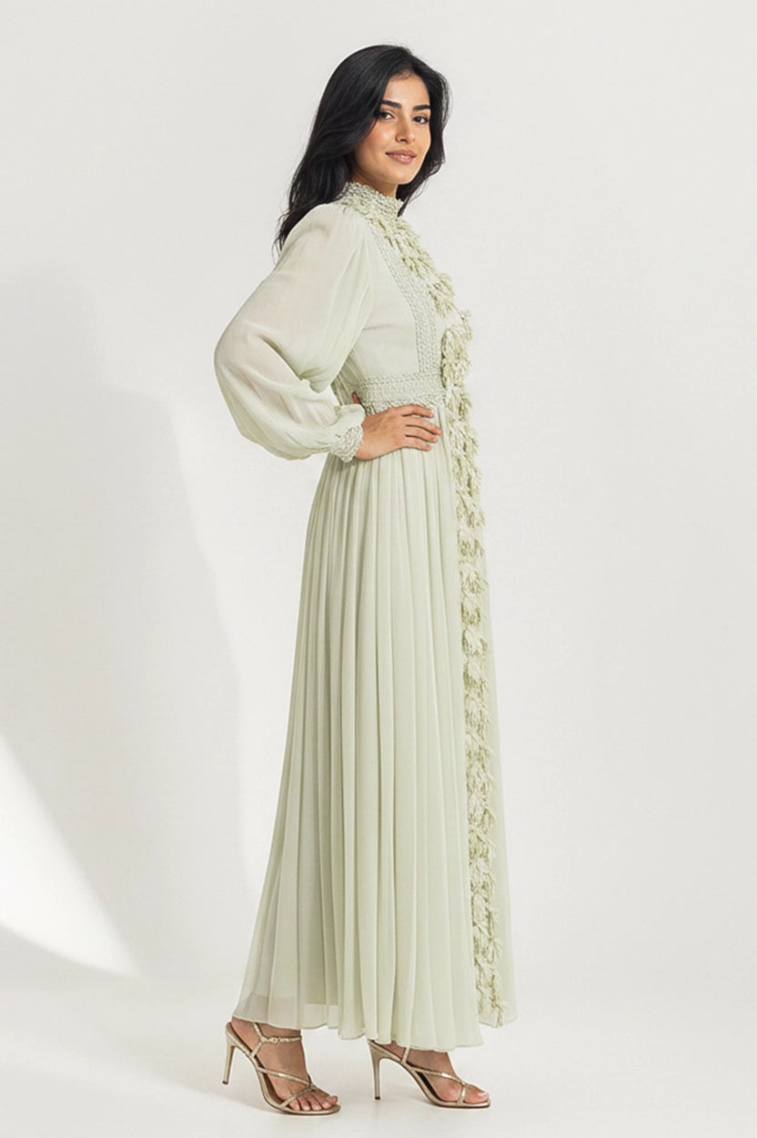 High Neck Flower Details Chiffon Dress