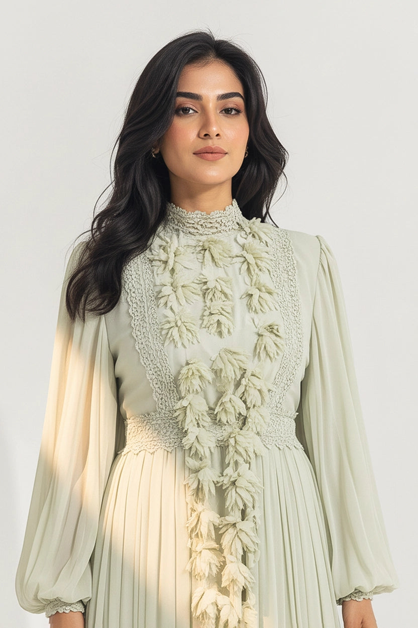 High Neck Flower Details Chiffon Dress