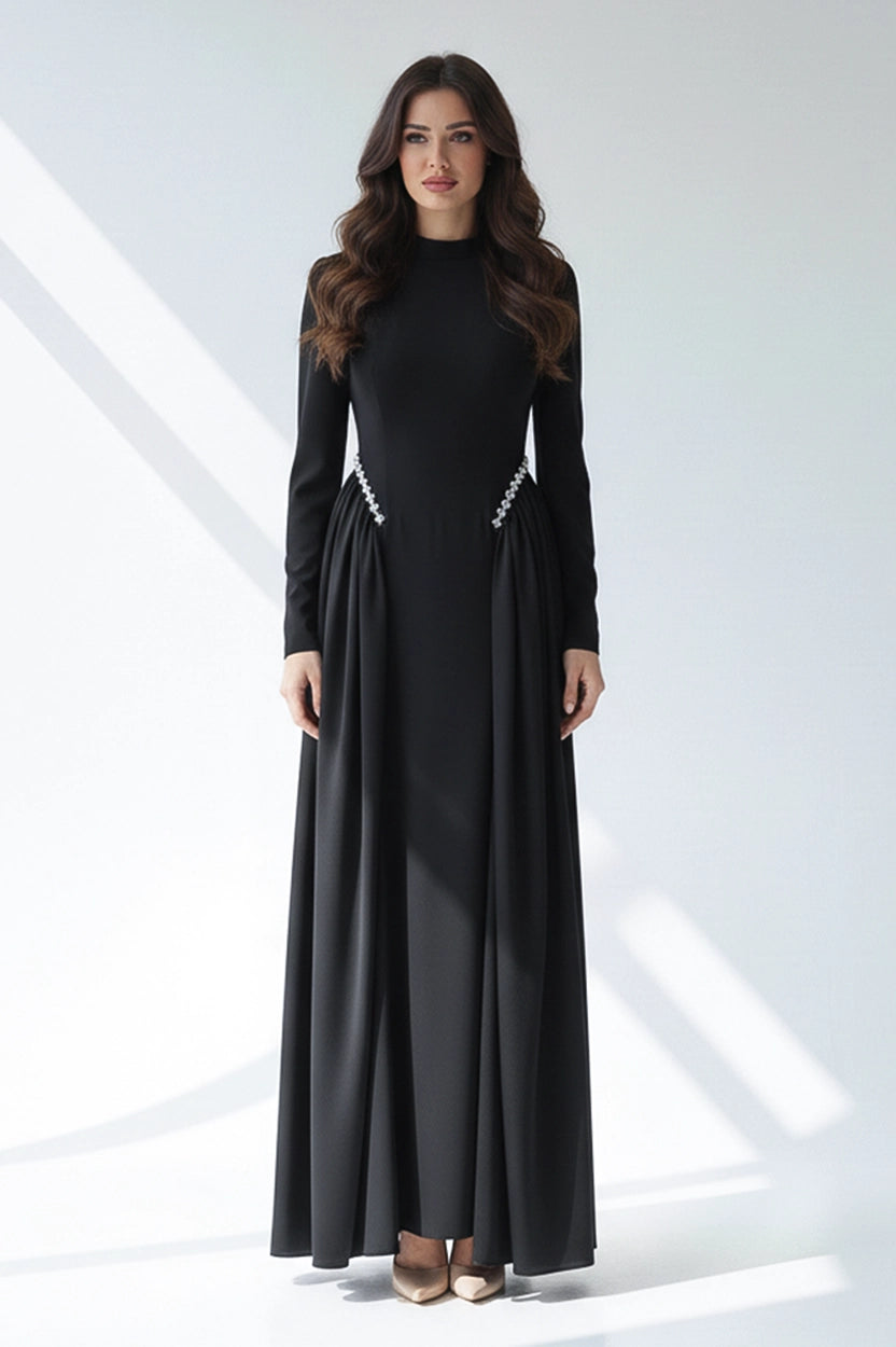 High Neck Pearl Details Crepe Dress