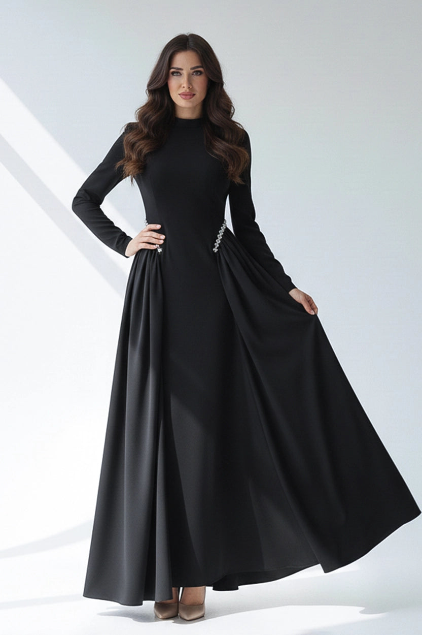 High Neck Pearl Details Crepe Dress