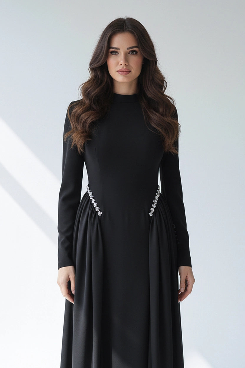 High Neck Pearl Details Crepe Dress