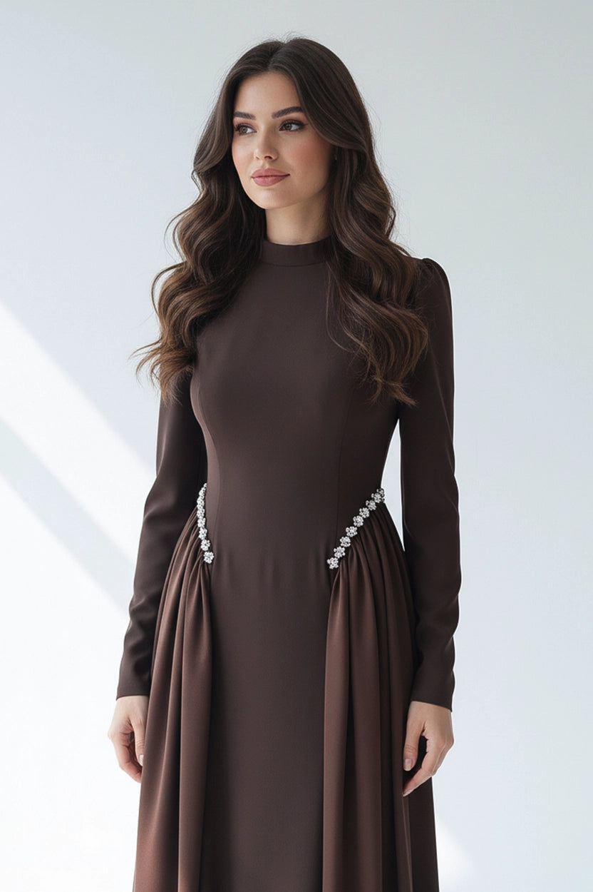 High Neck Pearl Details Crepe Dress