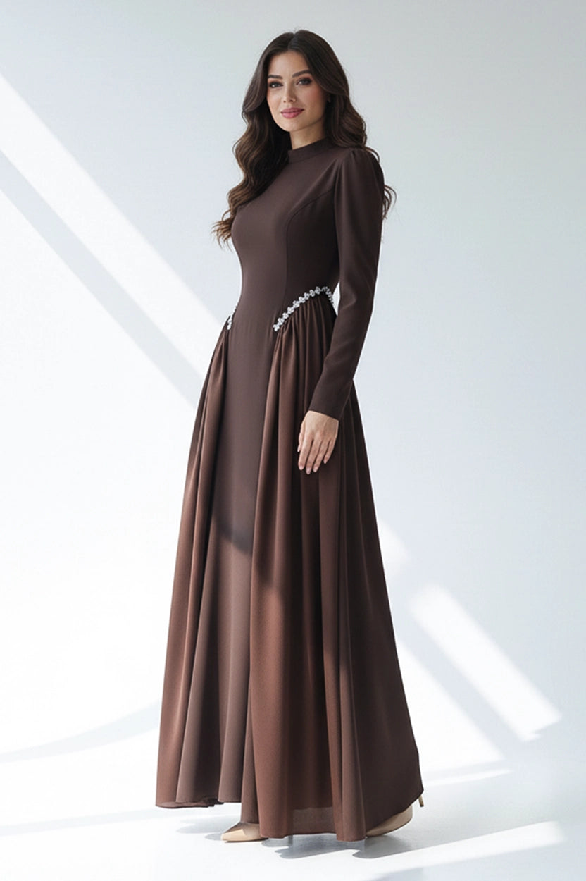 High Neck Pearl Details Crepe Dress