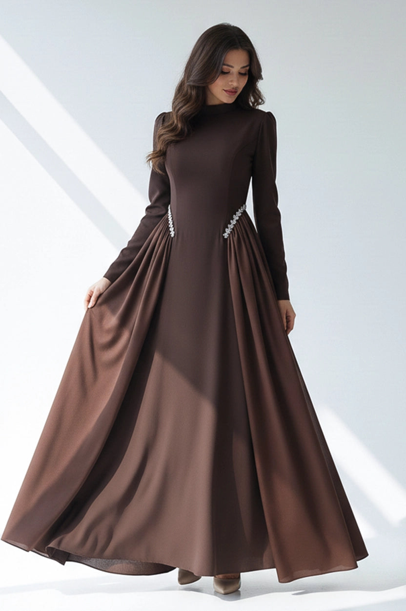 High Neck Pearl Details Crepe Dress