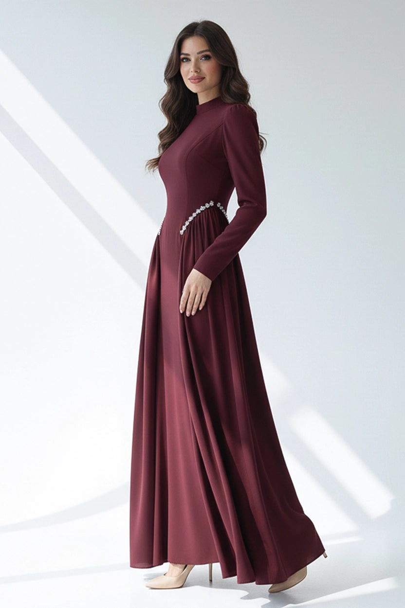 High Neck Pearl Details Crepe Dress
