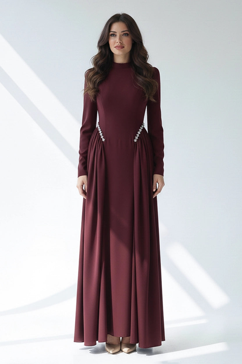 High Neck Pearl Details Crepe Dress