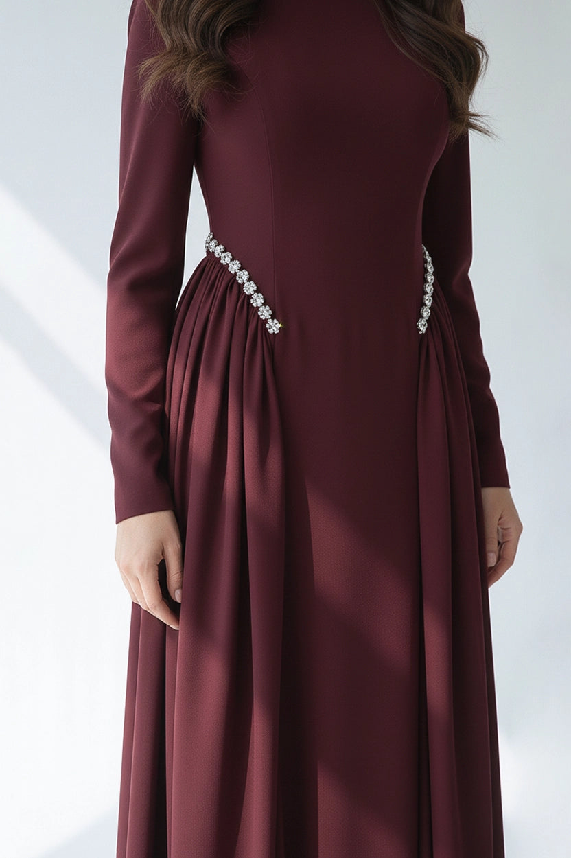 High Neck Pearl Details Crepe Dress