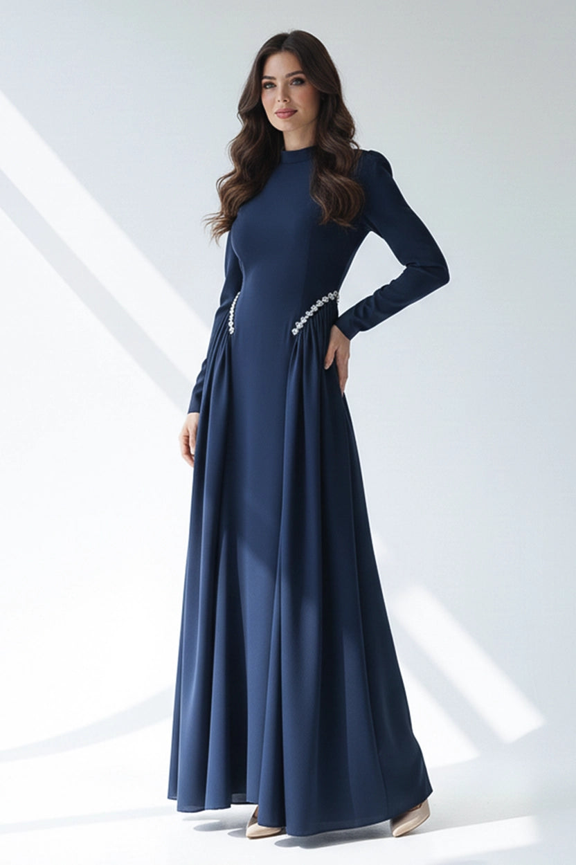 High Neck Pearl Details Crepe Dress