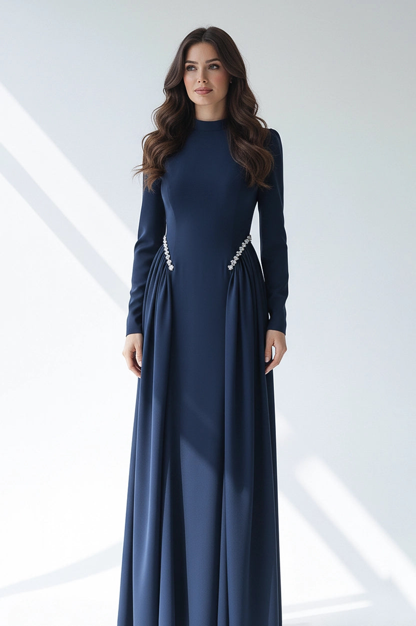 High Neck Pearl Details Crepe Dress