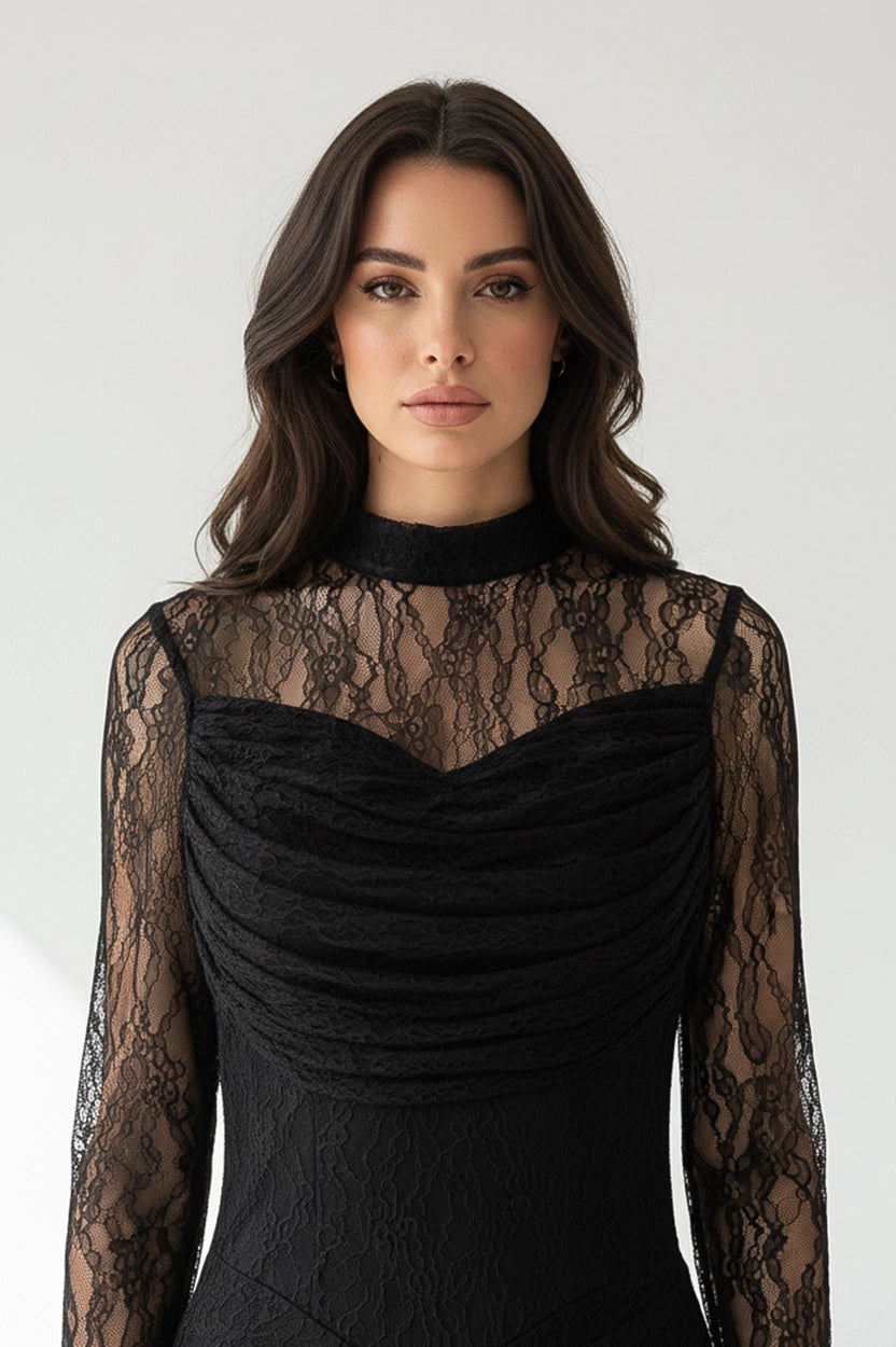 High Neck Ruffled Bust Dantel Dress