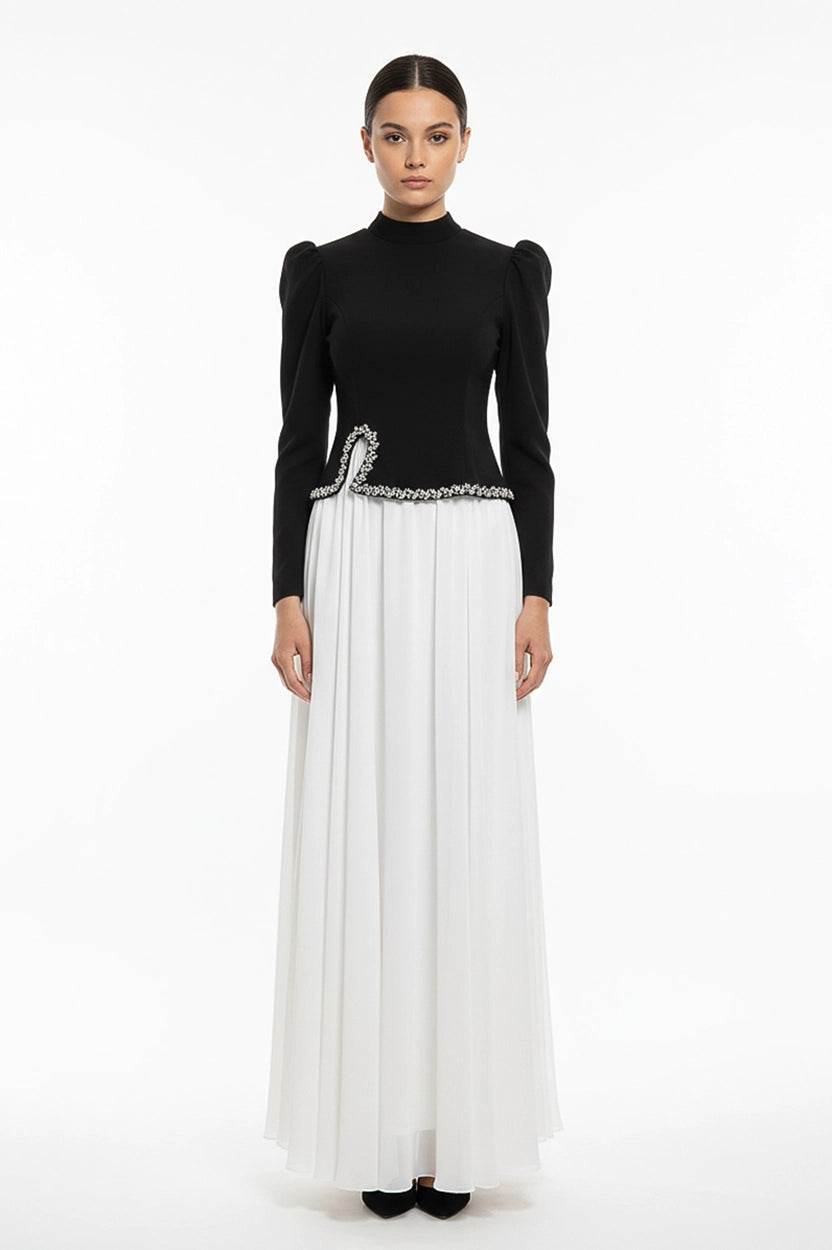 High Neck Crystal Waistline Crepe Dress