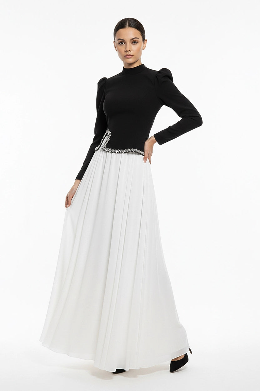 High Neck Crystal Waistline Crepe Dress