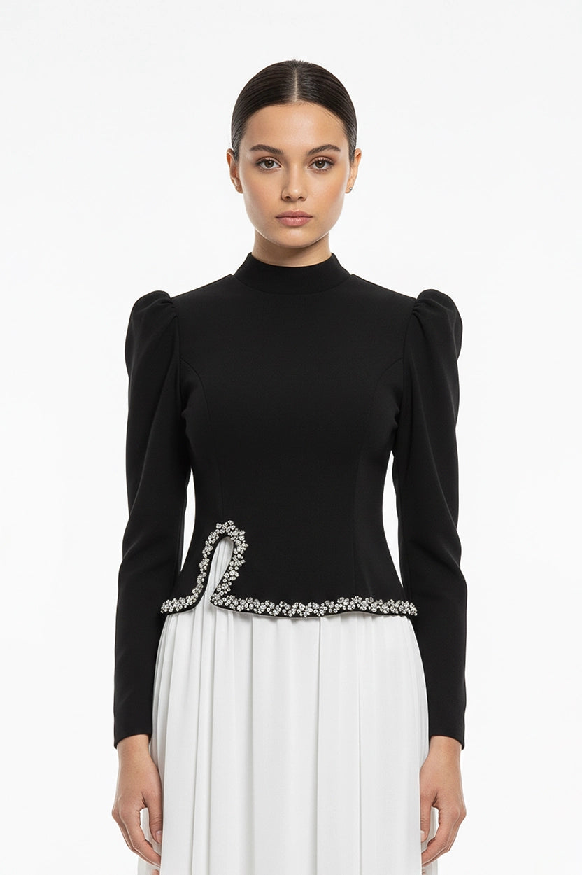 High Neck Crystal Waistline Crepe Dress