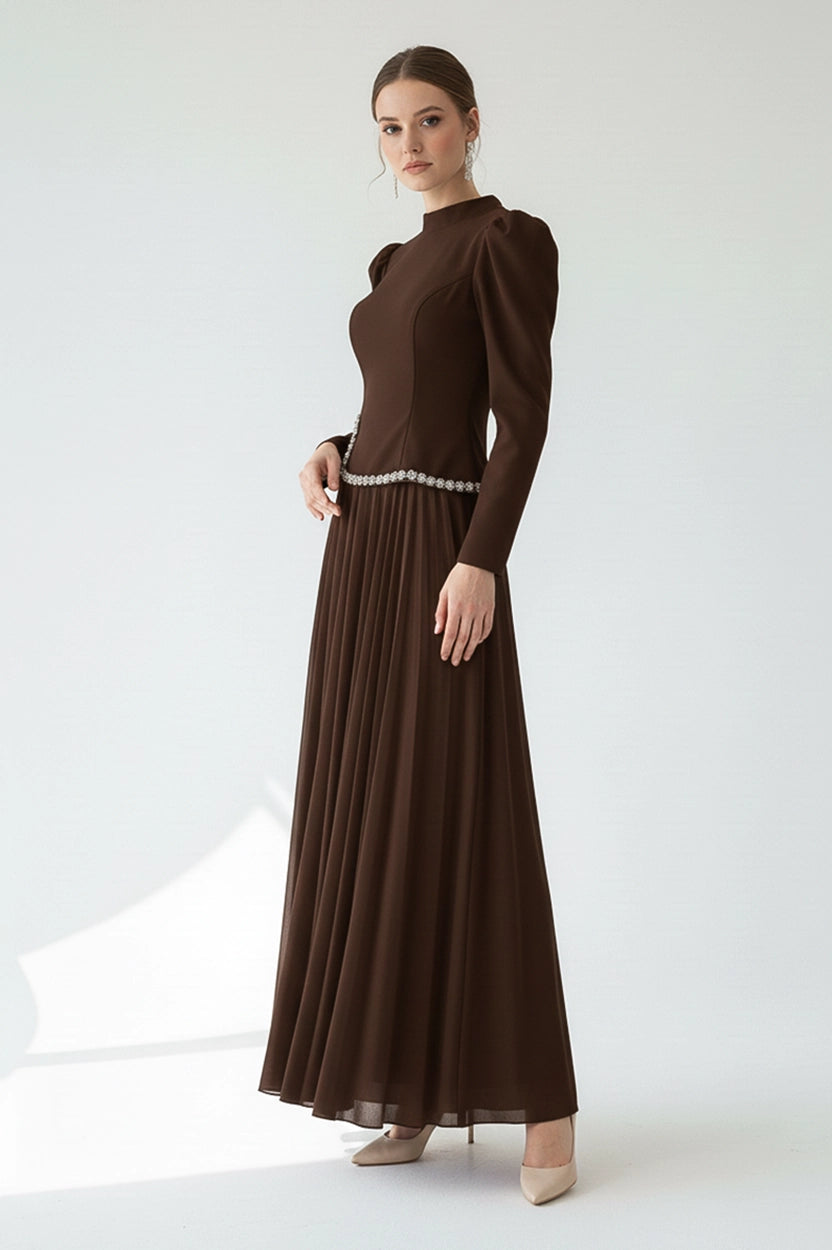 High Neck Crystal Waistline Crepe Dress