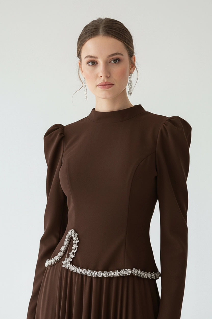 High Neck Crystal Waistline Crepe Dress