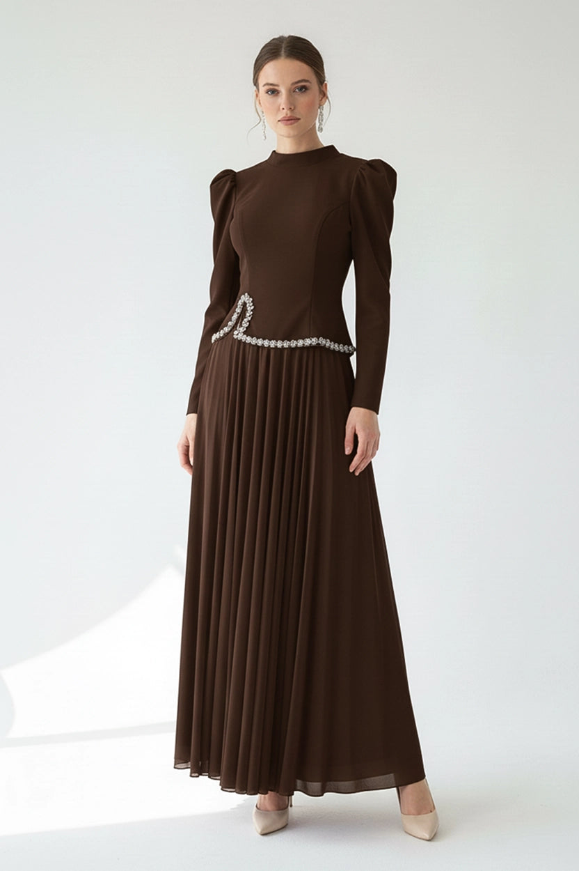 High Neck Crystal Waistline Crepe Dress