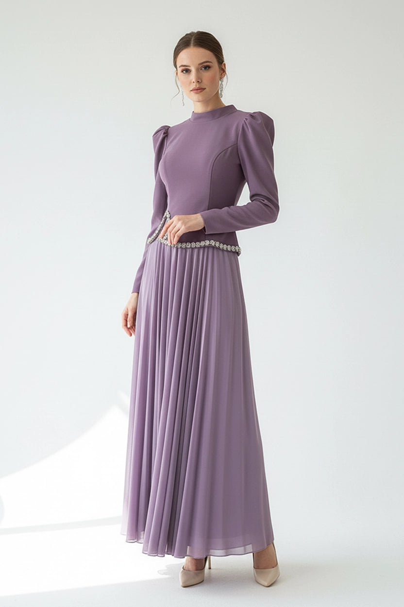 High Neck Crystal Waistline Crepe Dress
