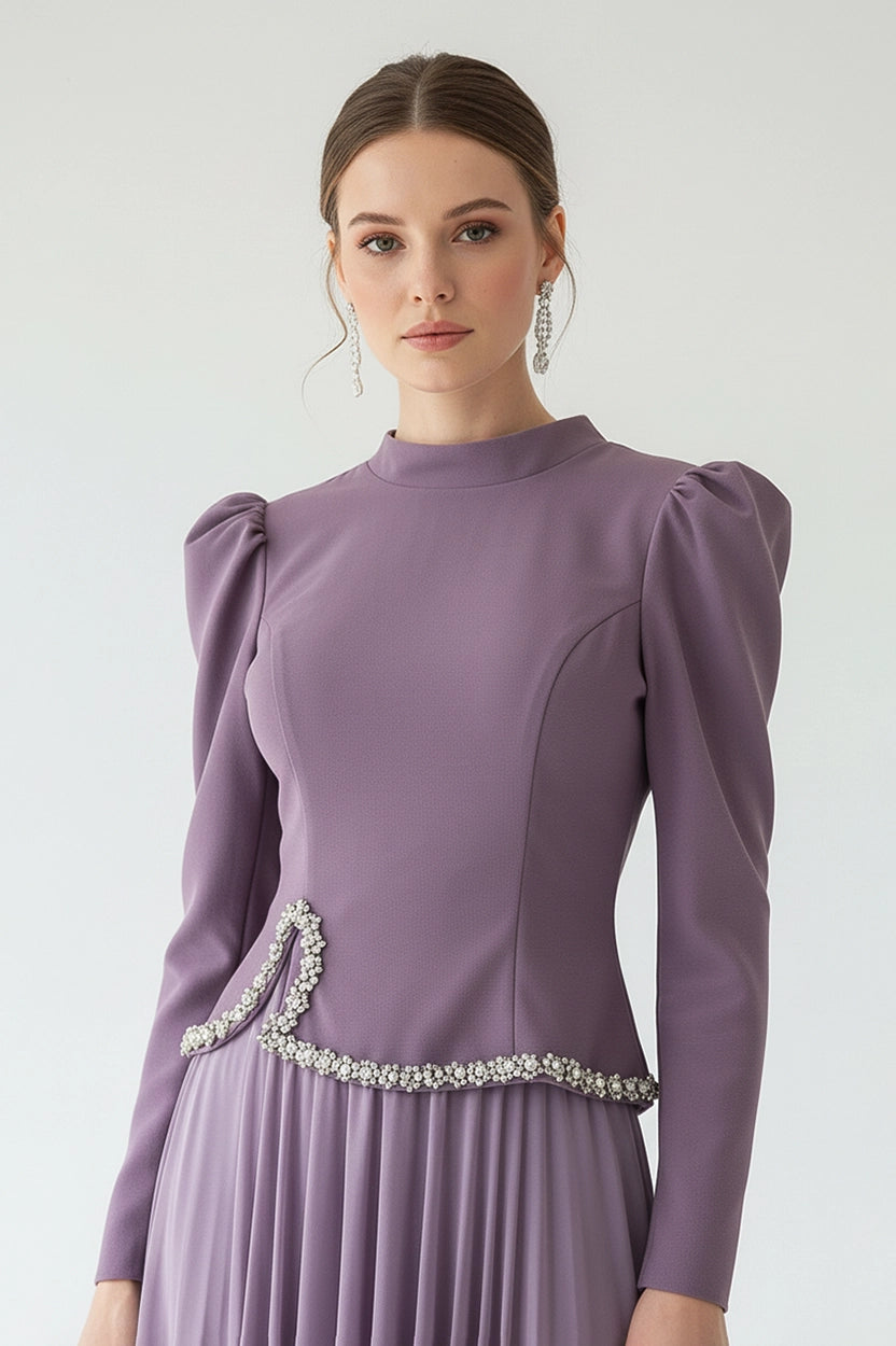 High Neck Crystal Waistline Crepe Dress