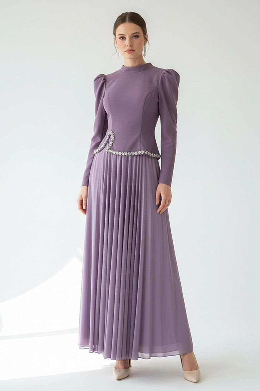 High Neck Crystal Waistline Crepe Dress