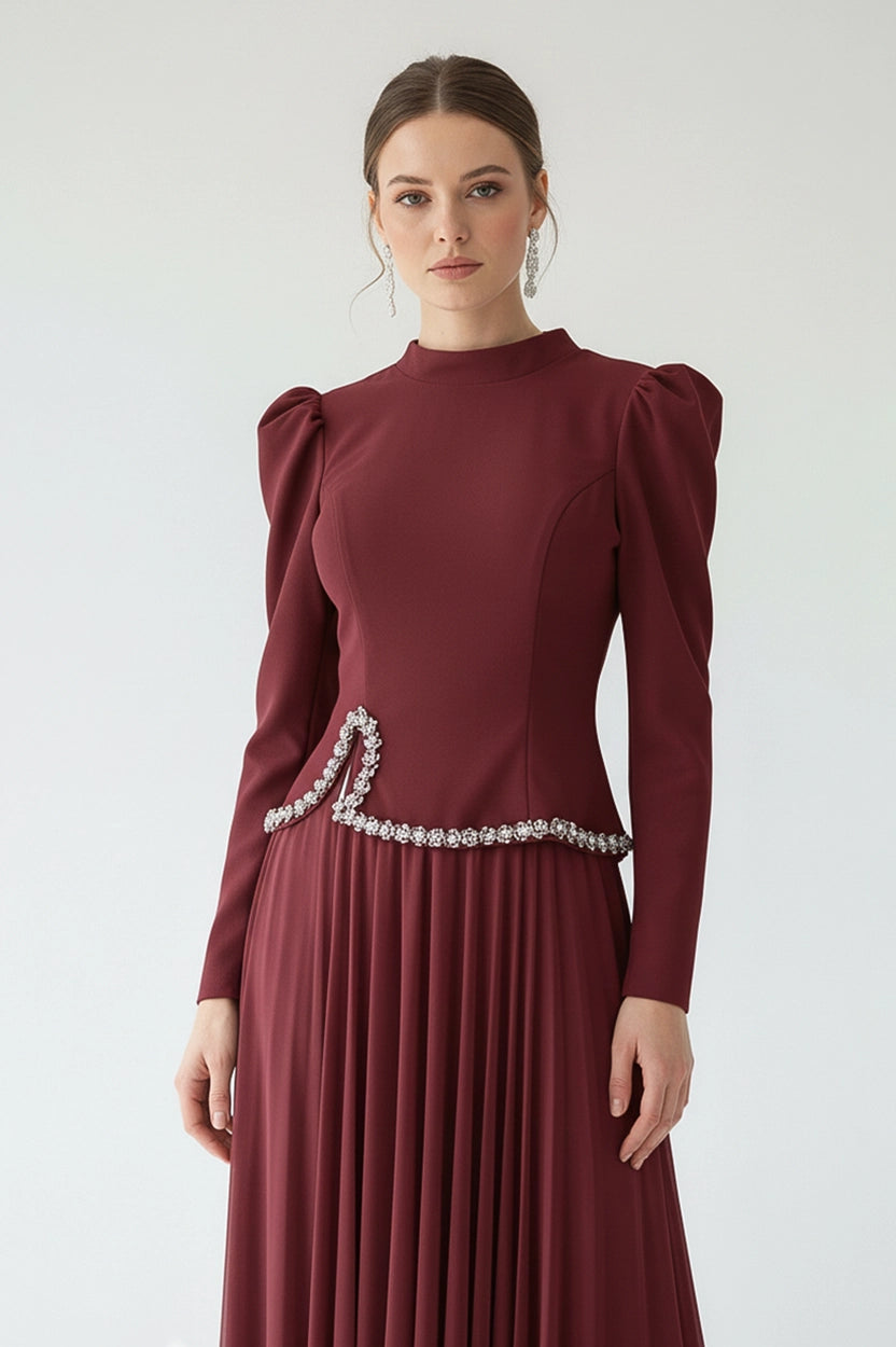 High Neck Crystal Waistline Crepe Dress