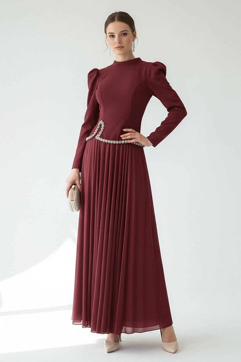 High Neck Crystal Waistline Crepe Dress