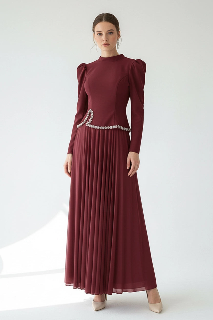 High Neck Crystal Waistline Crepe Dress