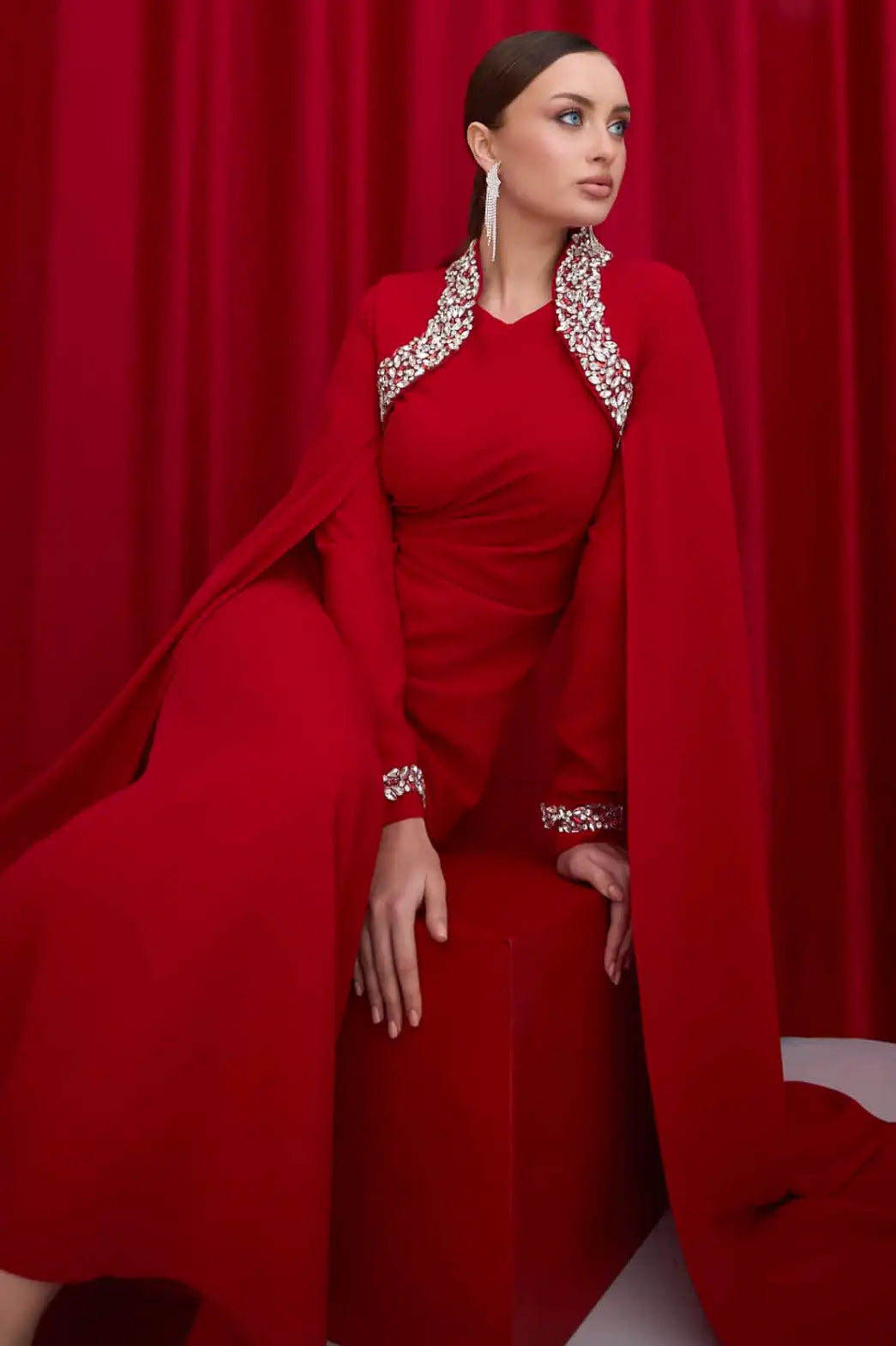 Cape Shoulder Crystal Detail Crepe Dress