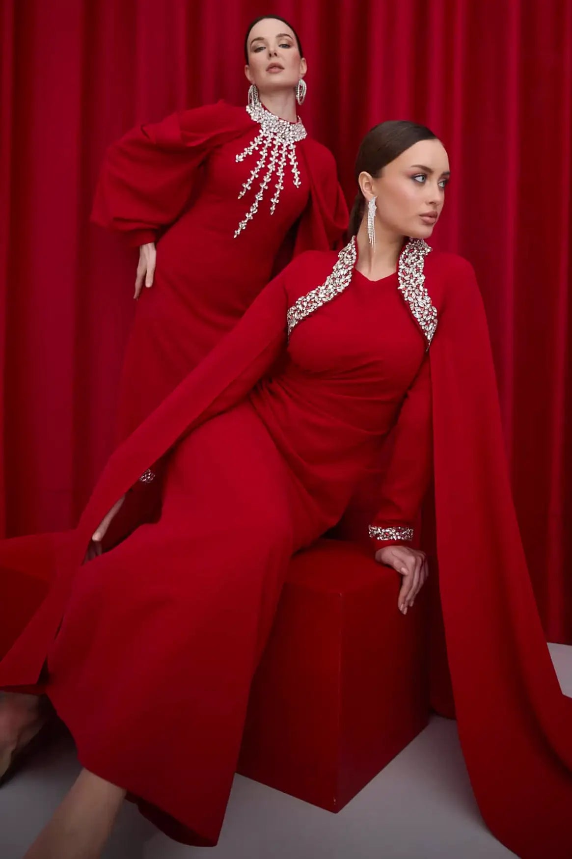 Cape Shoulder Crystal Detail Crepe Dress