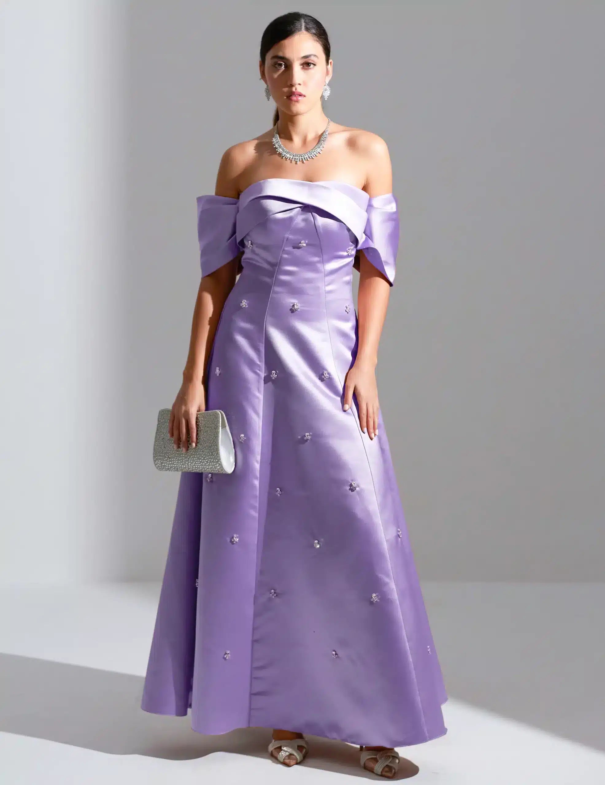 A-Line Off Shoulder Satin Dress