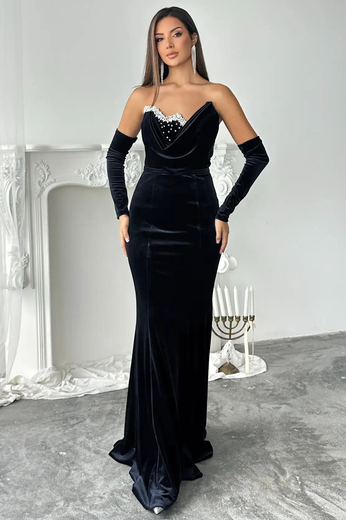 Embellished Strapless Velvet Dress