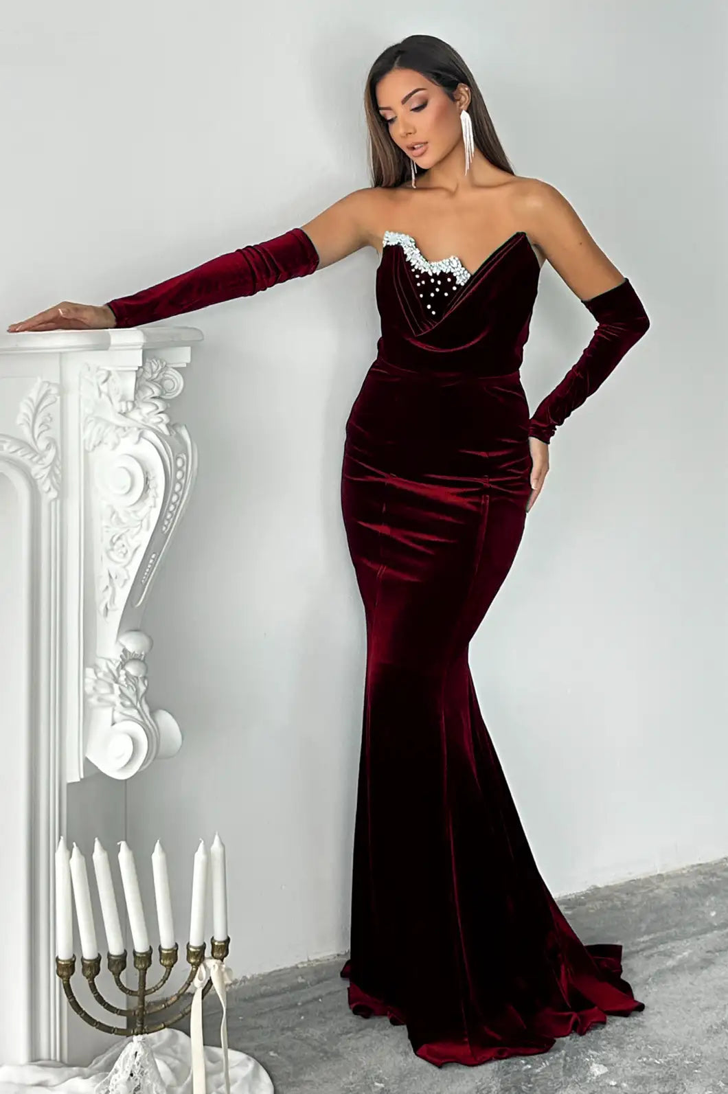 Embellished Strapless Velvet Dress