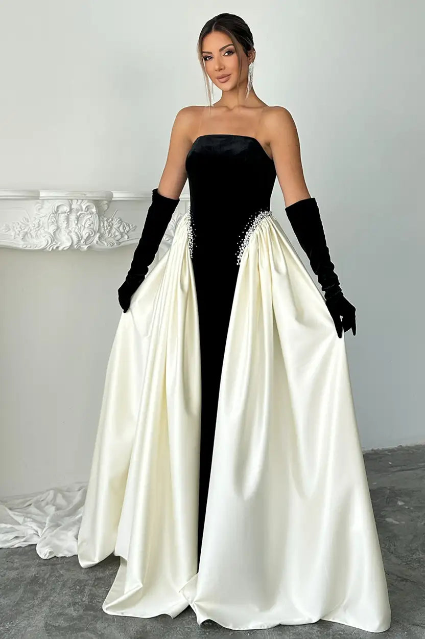 Strapless Pearls Details Velvet Dress
